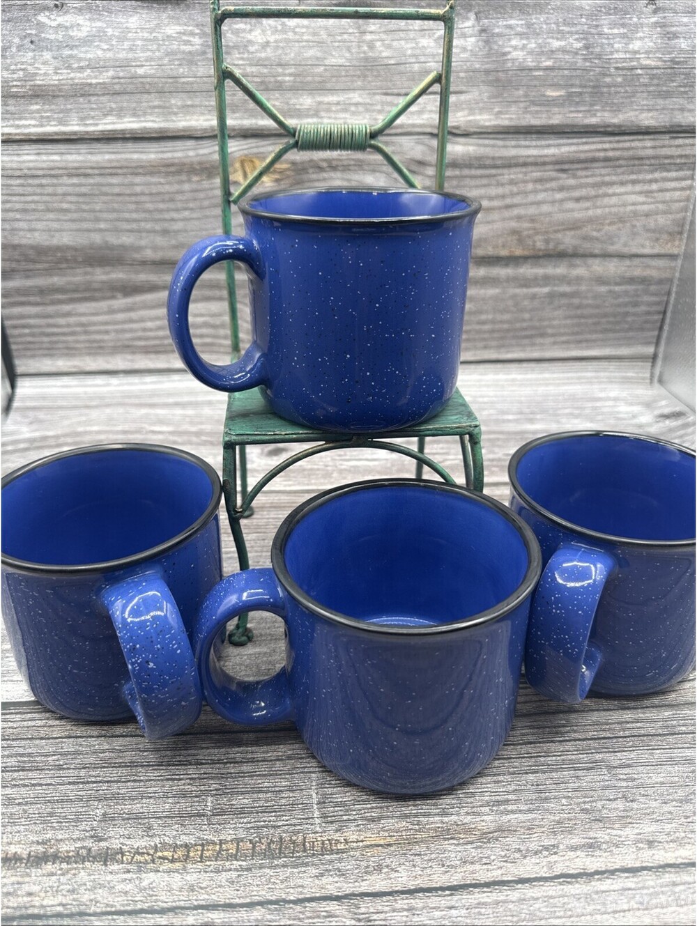 Blue Speckled Ceramic Camping Cups - 4 New Cottage Camping Cowboy Cabincore